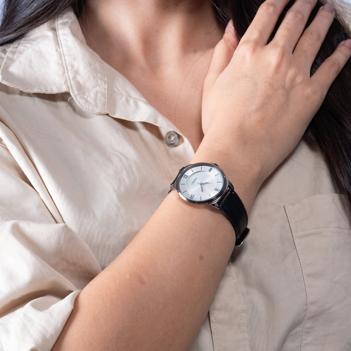Limora Noir Classic Black Leather Roman Dial Watch